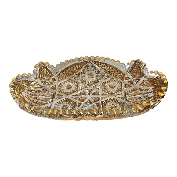 Vintage Clear & Gold Pressed Glass Oval Dish With Intricate Starburst & Geometri - Picture 2 of 10
